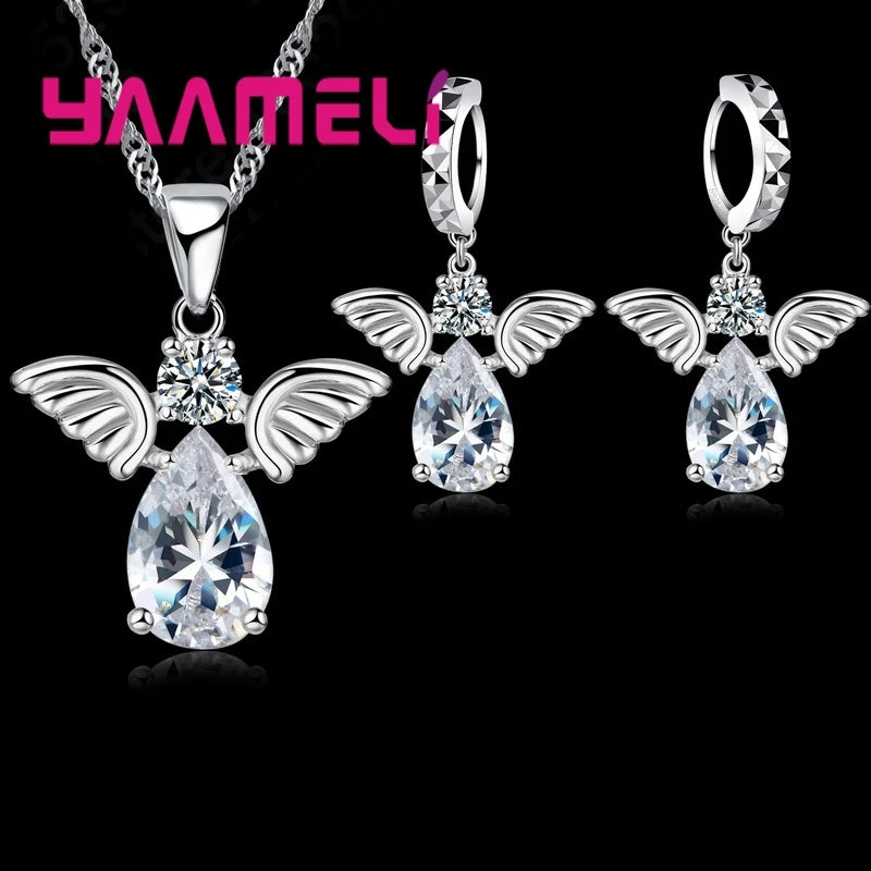 Sale Specials Cute Angel Shape Jewelry Sets Crystal 925 Sterling Silver Color Pendant Necklace And Earring Set Lady Birthday