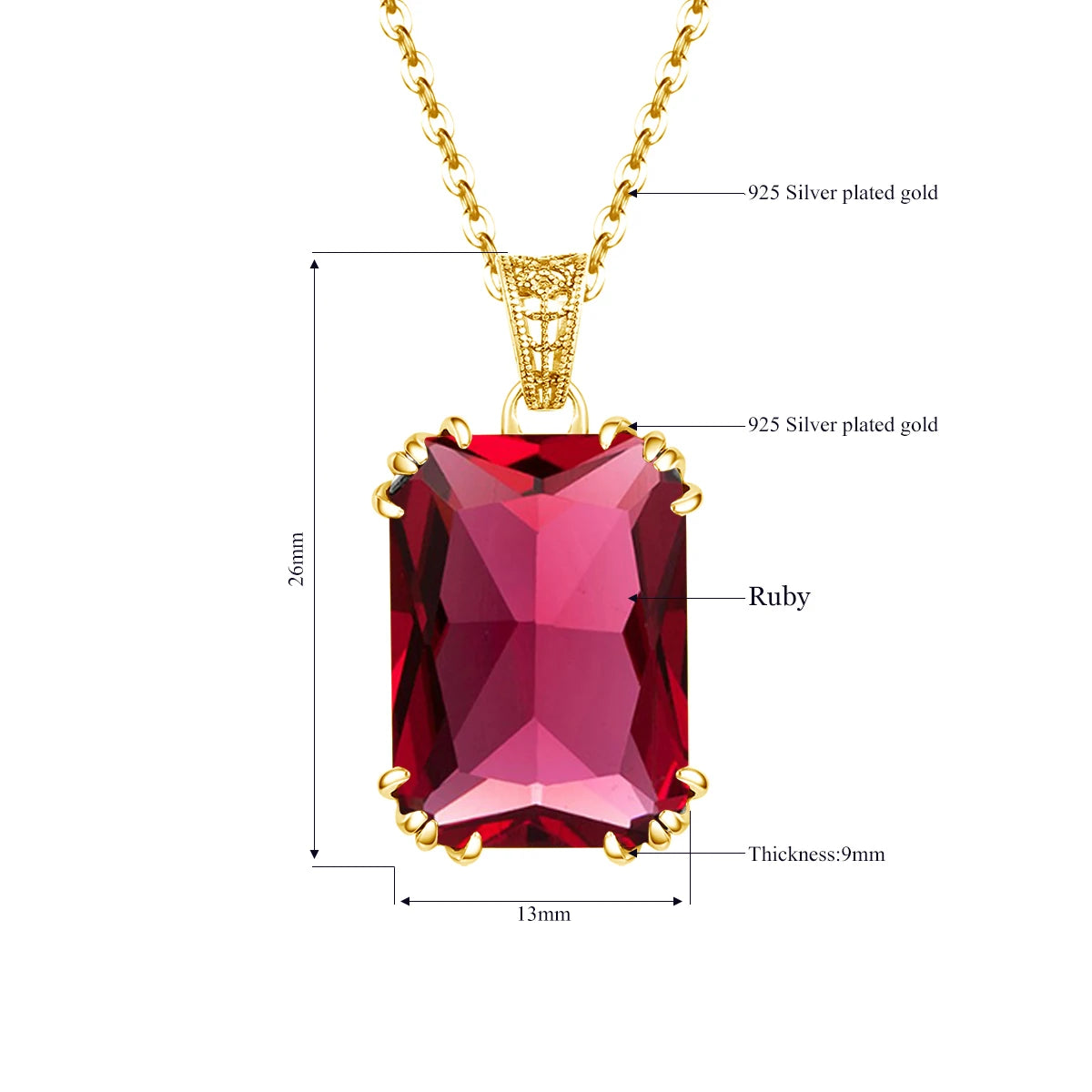 Unique Red Stone Ruby Necklace Gold For Women 13*18mm Rectangle 12 Colour Birthstone Pendant  Jewelry Luxury Christmas Gift Sale
