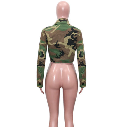 Women's Clothes Coats Casual Fashion Camouflage Print Large Pocket Lapel Long Sleeve Short Jacket for Women