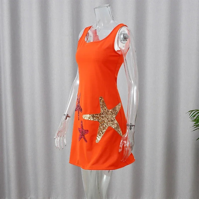 Prined Casual Women Star Mini Dress Fashion Sling Sleeveless Backless Pleat High Waist Robe 2025 New Female Beach Vacation Wear