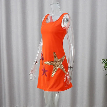 Prined Casual Women Star Mini Dress Fashion Sling Sleeveless Backless Pleat High Waist Robe 2025 New Female Beach Vacation Wear