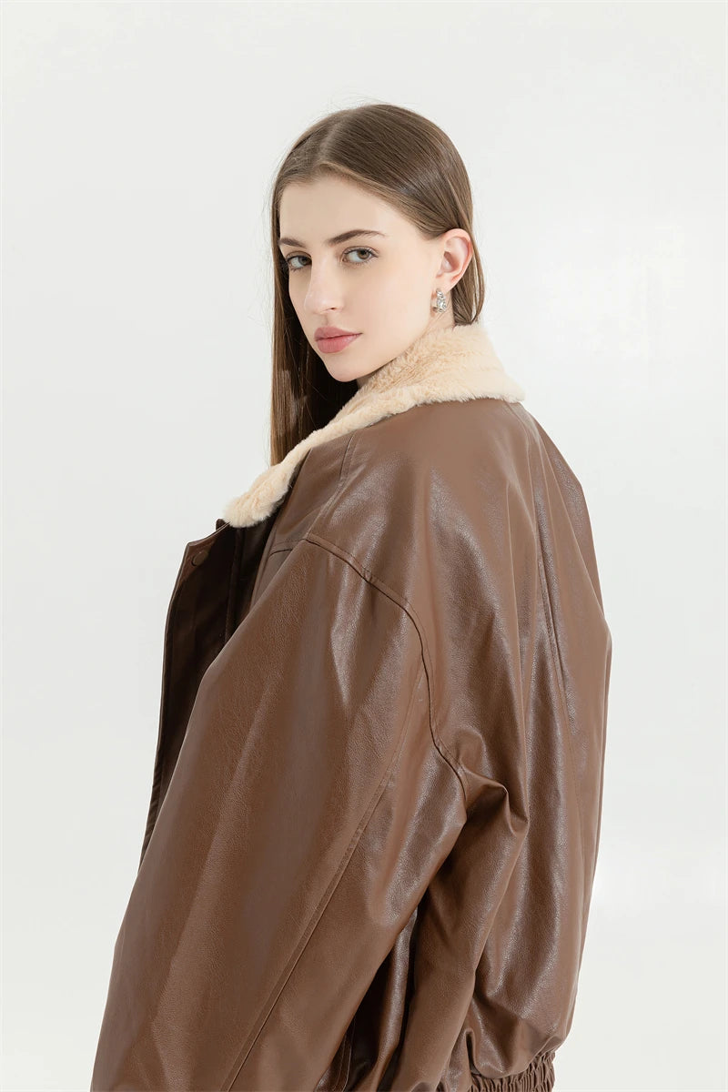 Winter Women's Fur Leather Jacket Long Sleeved Loose Warm Lamb Wool Vintage Thickened Locomotive Lapel Female PU Motorcycle Coat