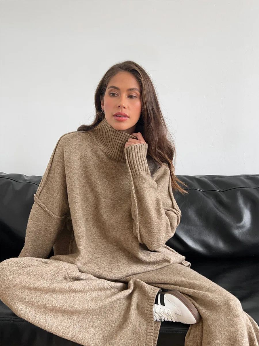 Bornladies Women's Autumn Winter Turtleneck Sweater Pants Set Loose Casual Knitted Sweater  Thicke Loose Pullover 2 Pieces Sets