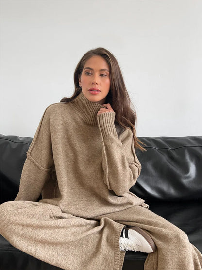 Bornladies Women's Autumn Winter Turtleneck Sweater Pants Set Loose Casual Knitted Sweater  Thicke Loose Pullover 2 Pieces Sets