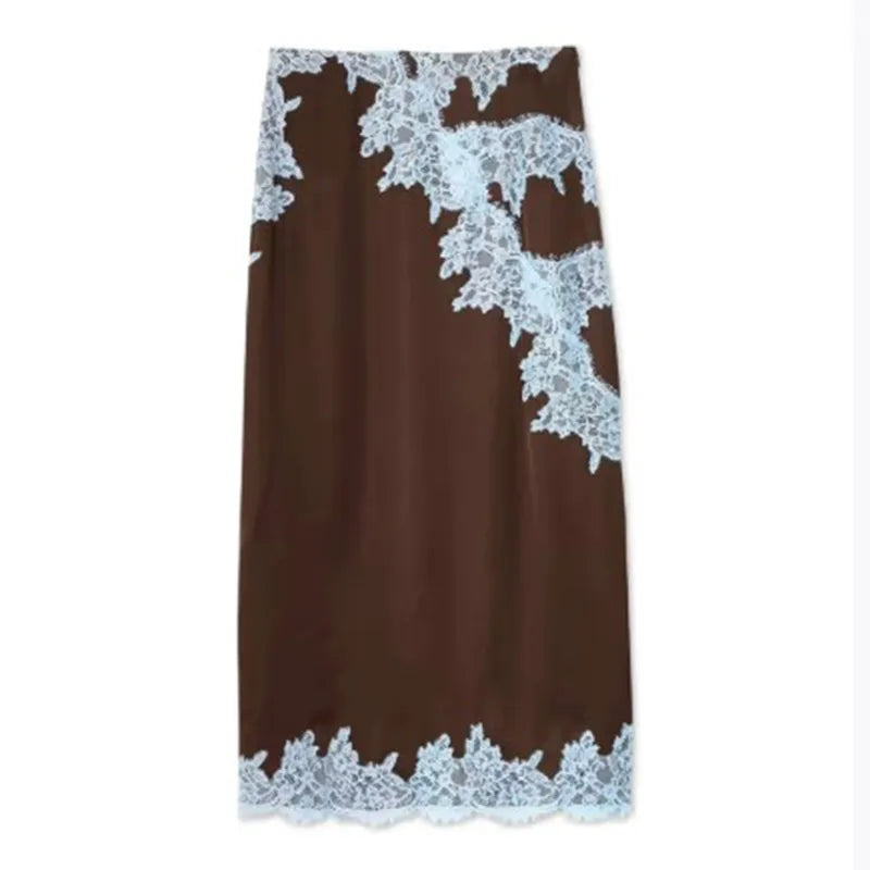 Contrast Patchwork Lace Maxi Skirt Suit Women Satin V-neck Sleeveless Skirts Suits 2025 Lady Summer Casual Daily 2 Pieces Set