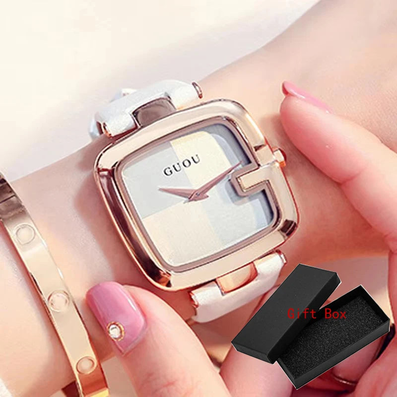 Guou Top Brand Women's Watches 2020 New Square Fashion Zegarek Damski Luxury Ladies Bracelet For Women Leather Strap Clock Saati
