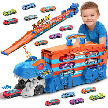 VATOS Dinosaur Transport Truck Car Toy 2 in 1 Ejection Folding Track Toys with Sound, Portable Truck Car Toy with 8 Race Cars
