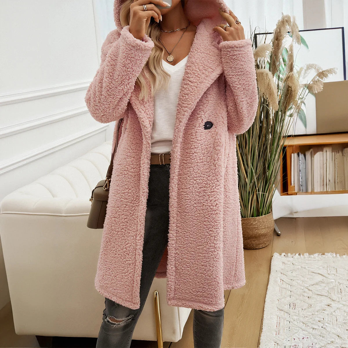 2024 Autumn and Winter Temperament Casual Loose Hooded Knitted Jacket Women's Clothing Пальто Женское