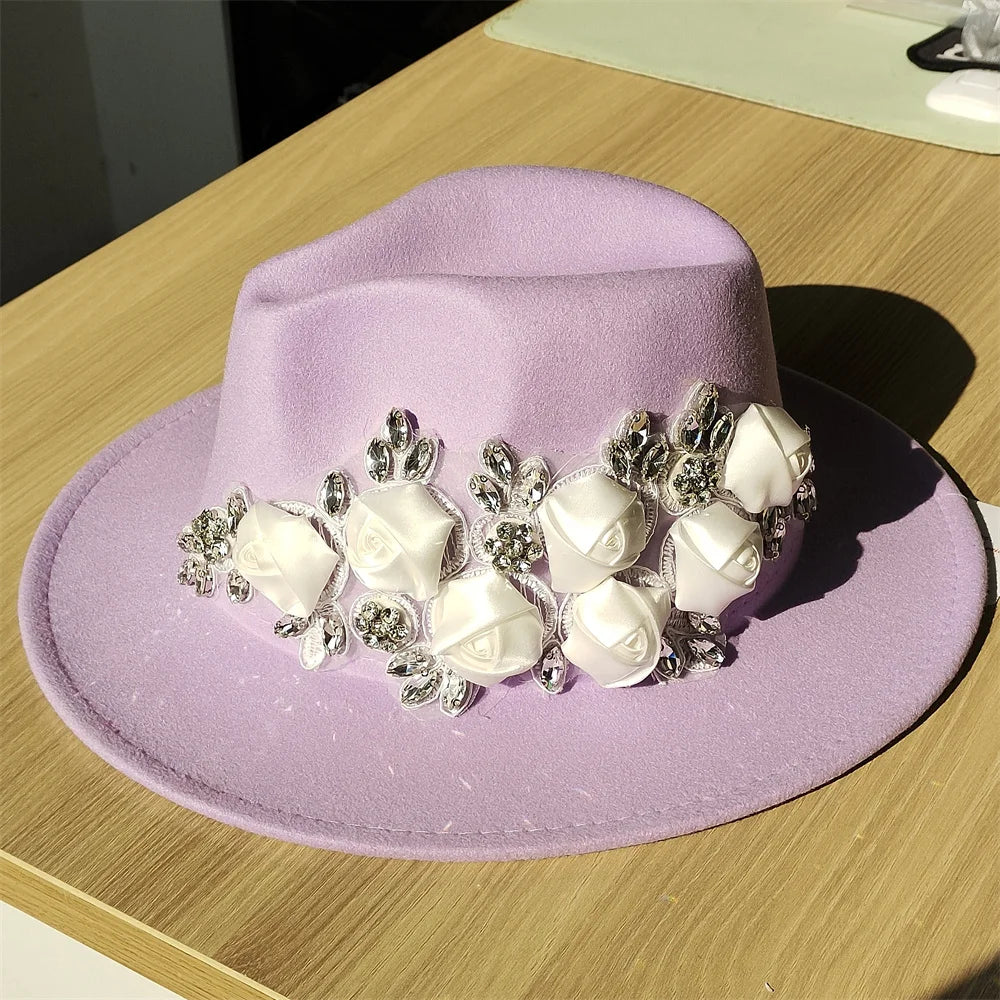 Embroidered three-dimensional flower fedora hat Women's jazz top hat Spring and autumn panama church fashion elegant wedding Hat