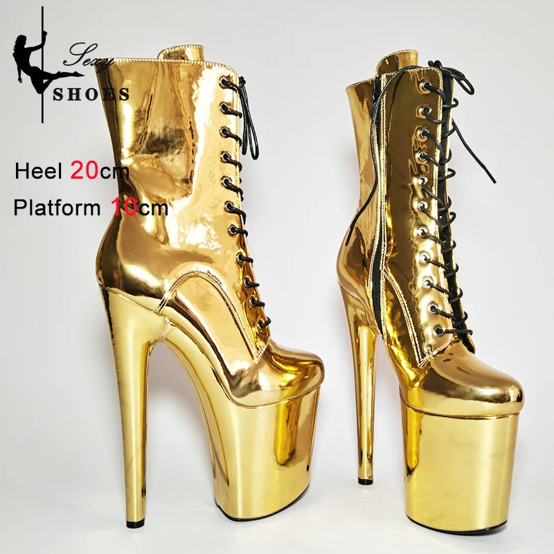 New Gold Shoes for Women 2025 Platform Heels Pole Dance Stripper 20cm/8Inch Sexy Ankle Boots Round ToeThin Heels Ladies Shoes