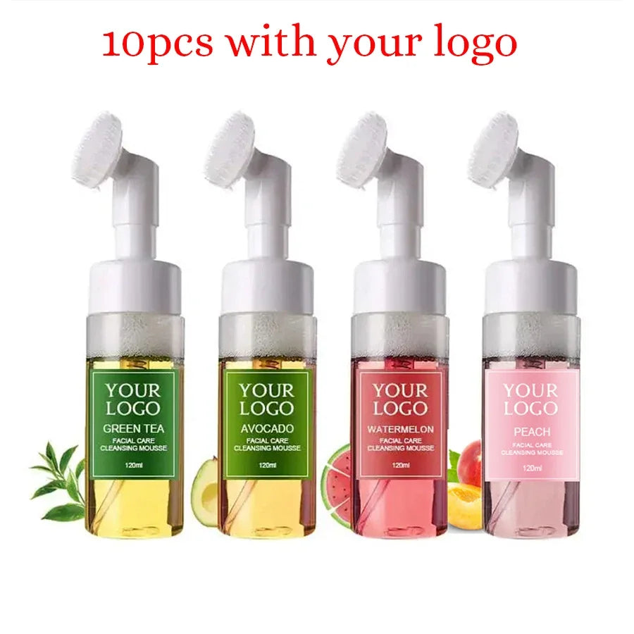 120ml Custom Logo Face Wash Private Label with Brush Avocado Watermelon Green Tea Cleansing Mousse Liquid Face Clean Makeup Milk