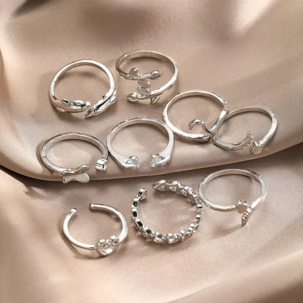 Cute Vintage Heart Toe Rings Opening Hollow Out Butterfly Foot Ring Set Bohemian Overlay Crystal Finger Ring Girls