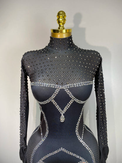 STOCK Sparkly Diamond Women Sexy Mesh Jumpsuit Nightclub Bar Party Show Gogo Dancer Clothing Drag Queen Outfit Stage Costume