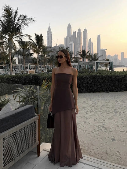 2025 Summer Women Fashion Strapless Dress With Ribbon Patchwork Elegant Sleeveless Mesh Split Dress Vacation Beach Long Dresses