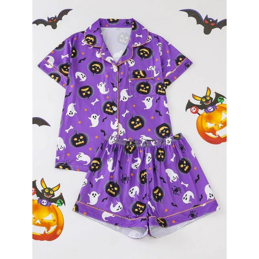 SUKAE Halloween Pyjamas Printed Lapel Collar Loose Short-sleeved Shorts Women Pajamas Set Women Loungewear Chic Woman Pajamas