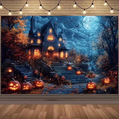 Spooky Halloween photo backdrop featuring a haunted house and carved pumpkins under a full moon