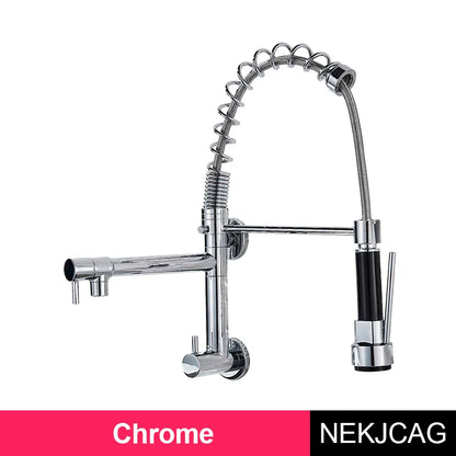 Wall Mounted Spring Kitchen Faucet Chrome Black Pull Down Sink Faucets Single Cold Water Dual Spouts Mixer 360 Rotation Crane