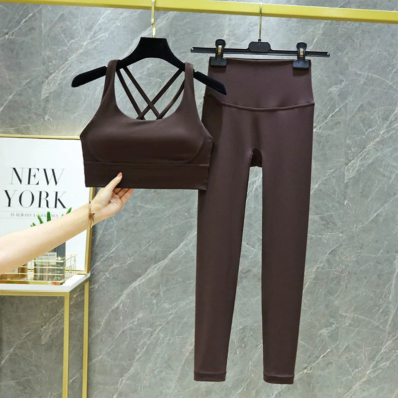 TRY TO BN Women's Tracksuit Yoga Sets Fitness Leggings Sports Bra Naked Sportwear Breathable Workout Two Pieces Suit Gym Clothes