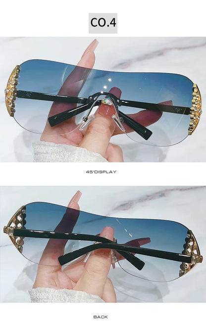 Luxury One-Piece Rimless Sunglasses Oversized Diamond Brand Designer Sun Glasses for Women Steampunk Eyewear UV400 Oculos De Sol