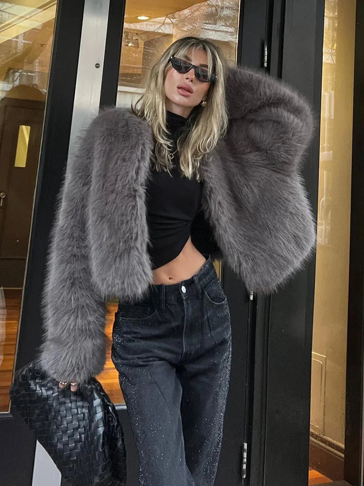 HH Women Winter Fashion Artificial Fur Effect Short Jacket Coats Female O-Neck Vintage Long Sleeve Loose Warm Top Streetwear