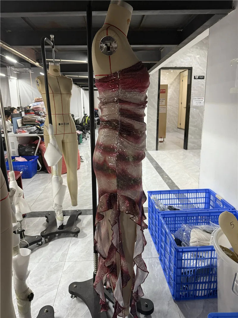 Halloween Shark Tale Costume for Adults Oscar and Lola Couple Costume Halloween Women Sparkle Ruffle Hem Strapless Fish Cosplay