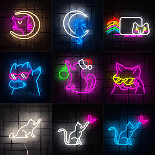 Cool Cat with Glasses Neon Sign for Wall Decor, Moon Cat USB  LED Neon Light Sign for Preppy Room Birthday Party Decoration