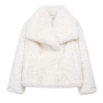 HH Winter Women Elegant Warm Plush Coat Turn-Down Collar Thick Cardigan Coat Female Pocket Long Sleeve Short Outerwear Mujer
