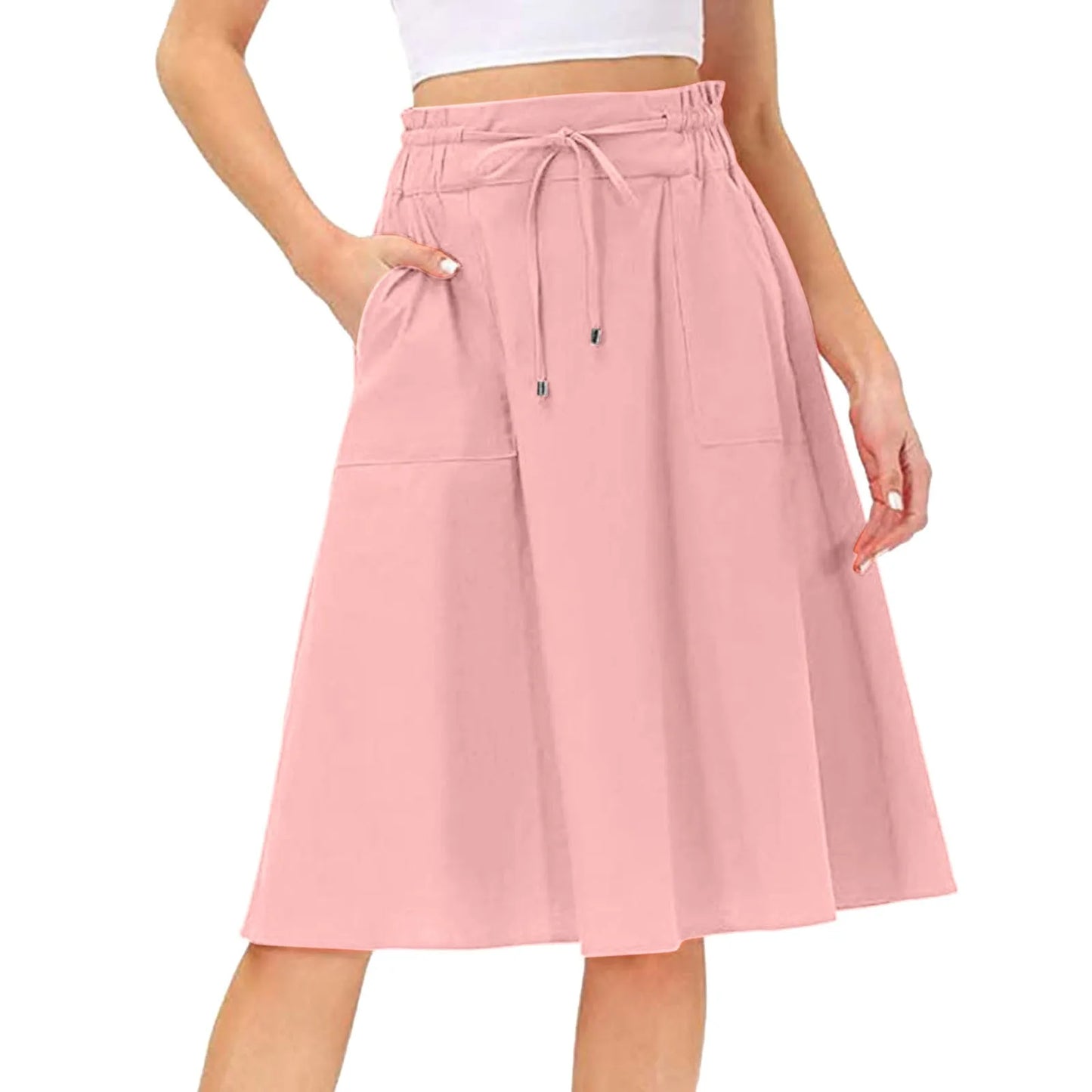 Summer Knee Length Boho Skirt Women Drawstring Ruffled High Waist Lace Up Solid Color A-Line Skirt Pockets Pleated Skirt