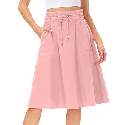 Summer Knee Length Boho Skirt Women Drawstring Ruffled High Waist Lace Up Solid Color A-Line Skirt Pockets Pleated Skirt