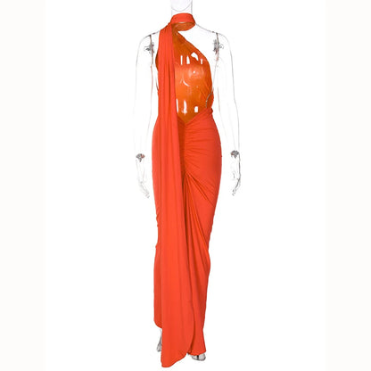 Hugcitar One Shoulder Backless Adjustable Scarf Loop Ruched Sexy Maxi Dress 2025 Women Elegant Y2K Streetwear Festival Outfit