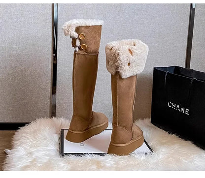Turned-over Edge Knee-high Snow Boots Flat with Slip-on Ladies Shoes 2024 High Quality Round Toe Mid Heel Concise Women's Boots