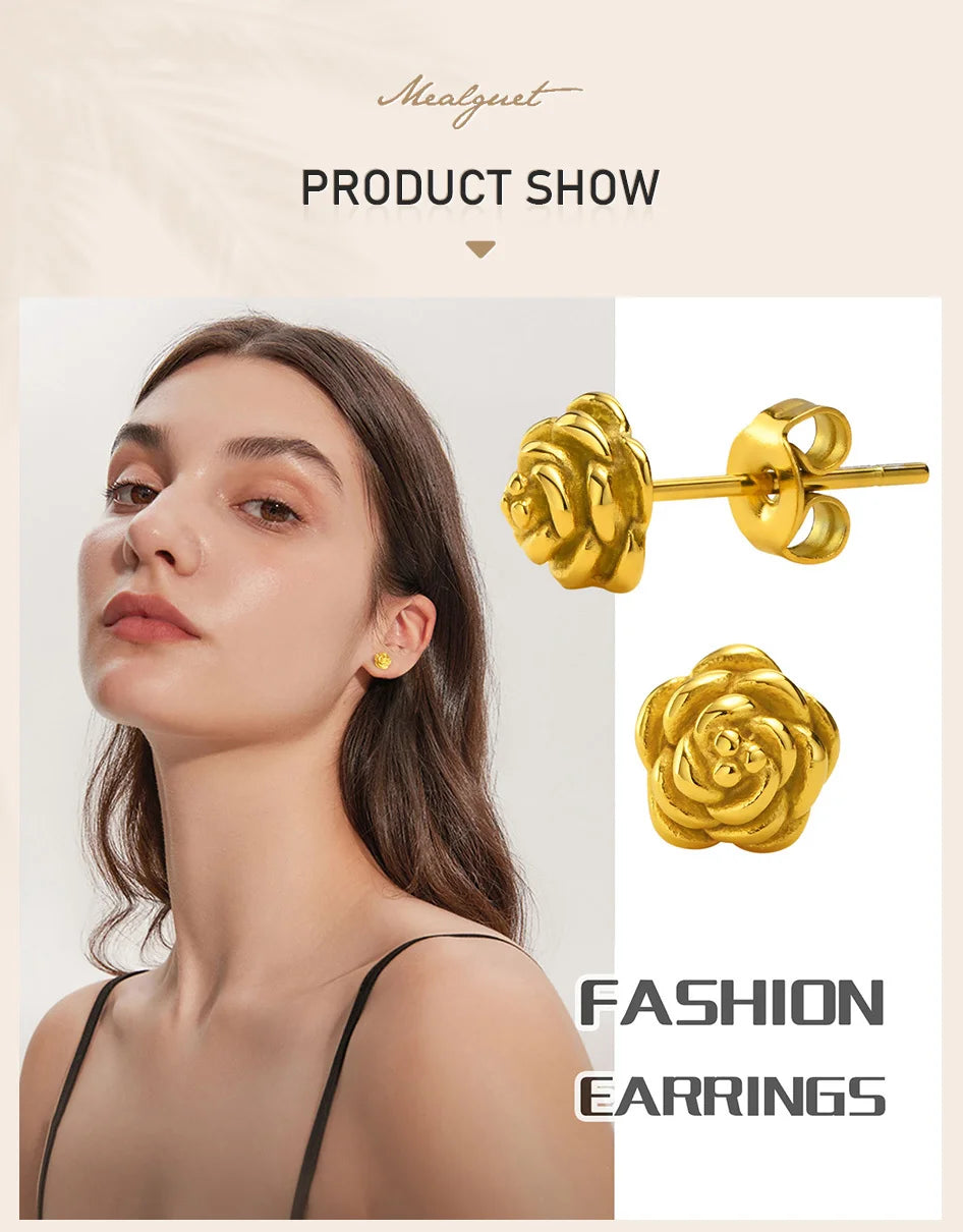 Exquisite Rose Flower Stud Earring, Stainless Steel Gold Color Petal Earrings, Trendy Women Christmas Gift