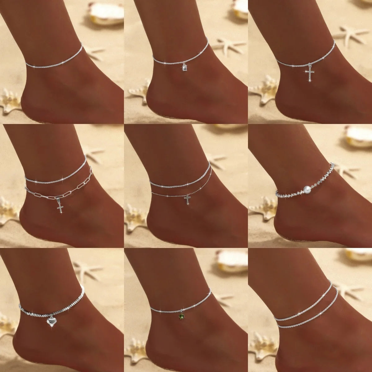 Summer Shiny Sparkling Simple Silver Color Anklet Zircon Cross Love Pearl Double Layer Bracelet On Leg Foot Trendy Beach Jewelry