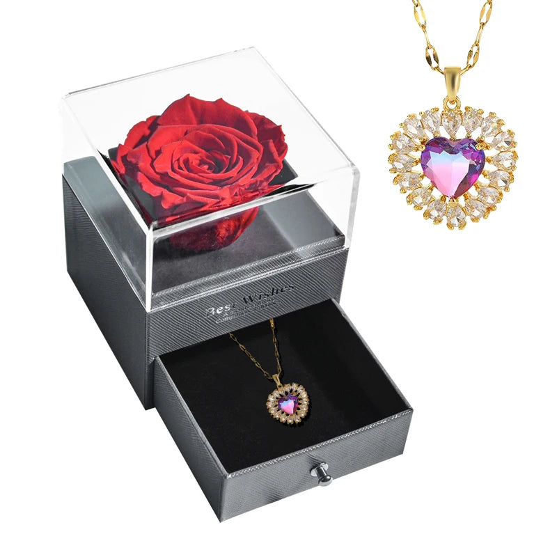 New Fashion Pendant Necklace In Rose Flower Jewelry Gift Box Preserved Rose Necklace Set Wedding Christmas Gift for Girlfriend