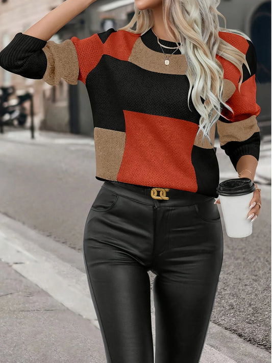 Melard Patchwork Colorful Pullover Knit Sweater Color Block Plaid Sweater LL256
