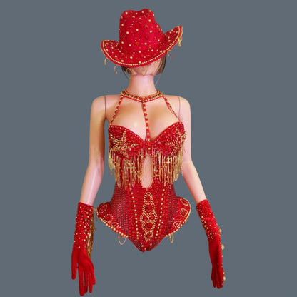 Women Sparkly Rhinestone Red Bodysuit 4Pieces Set Nightclub Party Stage Show Outfit Cabaret Carnival Showgirl Sexy Wear Hongding
