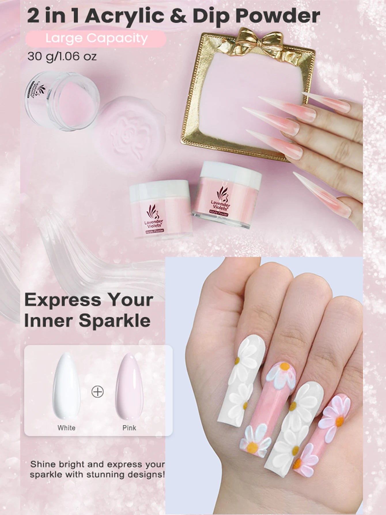 2pcs 1.06oz/30g White & Pink Colors Acrylic Powder & Dip powder 2 in 1 Use for Nail Extension Carving French Nail Art Manicure