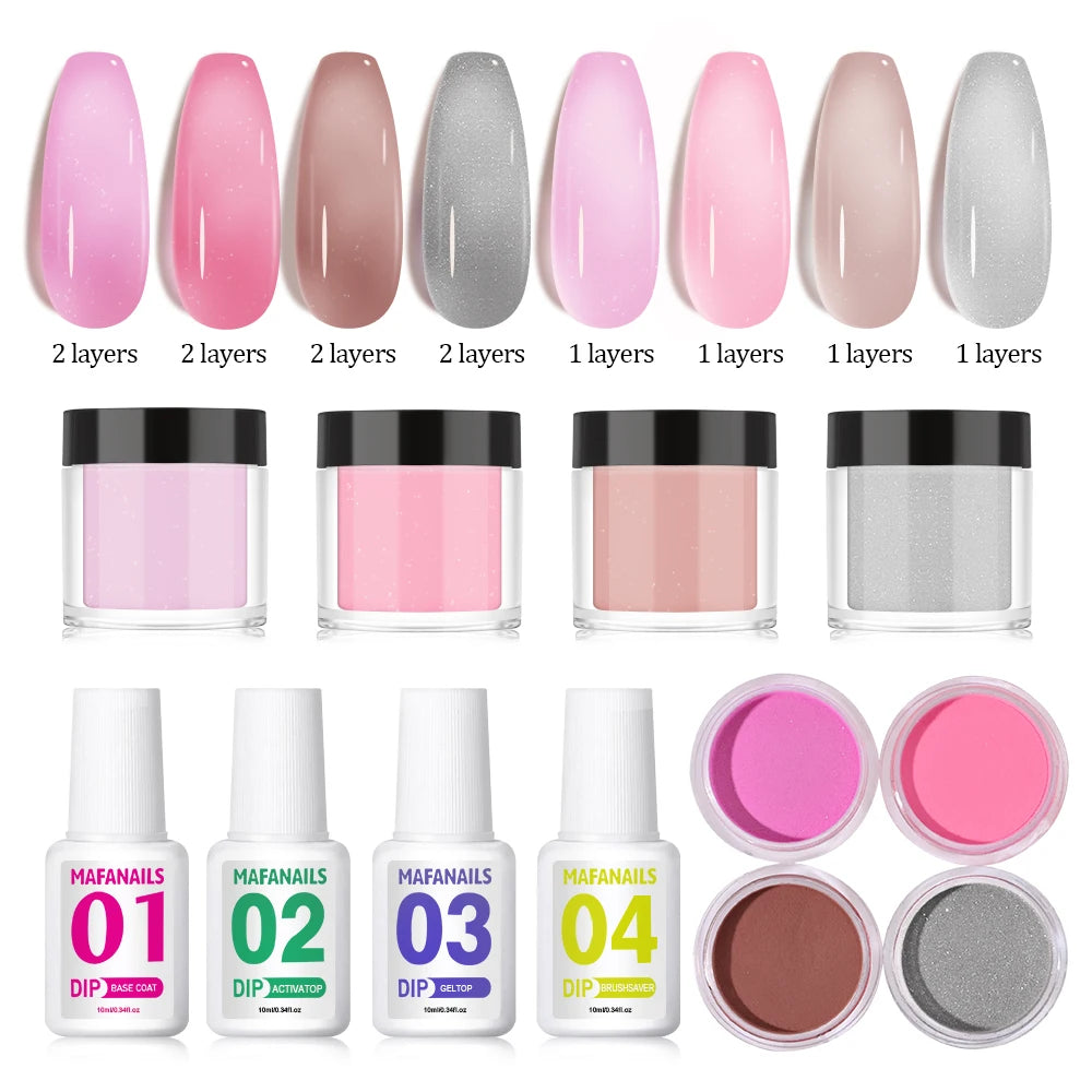 8Pcs Dip Powder Nail Kit Acrylic Dipping Powder System Liquid Set With 2-in-1 Base&Top Coat/Activator/Brush Saver For Nail Salon