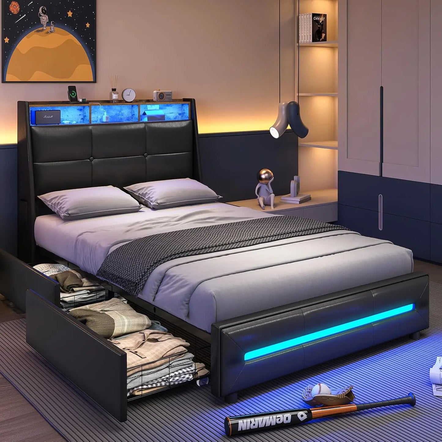 King Size Bed Frame w 4 Storage Drawers,Charging Station and LED Lights,Upholstered Bed Frame w Button Tufted Wingback Headboard