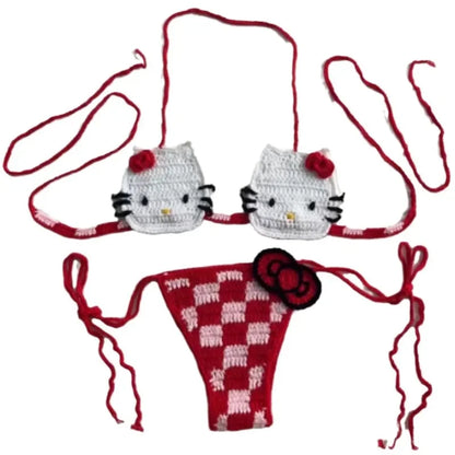 Sanrio Crochet Bikini Set Cute Girls Swimsuits Hello Kitty Sexy Bathing Suit Micro Ties Bikinis Beachwear Women Swimming Suit