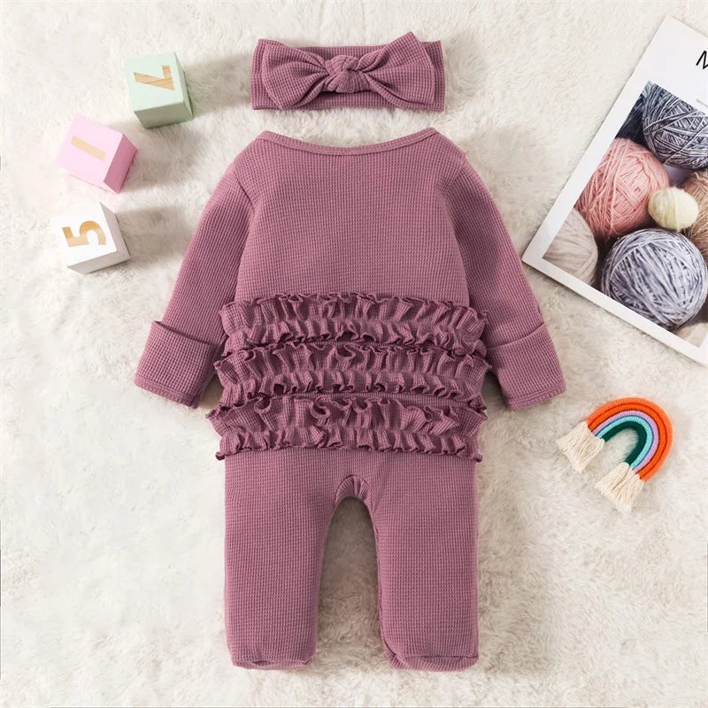 Infant BabyGirl Footies Rompers Solid Color Long Sleeve Jumpsuits Winter Fall Clothes Bodysuits with Headband