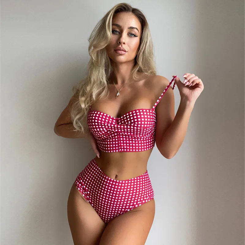 Women Sexy Slim Plaid Two Pieces Swimsuit High Waisted Bikini Swimwear 2024 Bikini Sets Size S-3XL Rose Red/Black/Blue/Sky Blue
