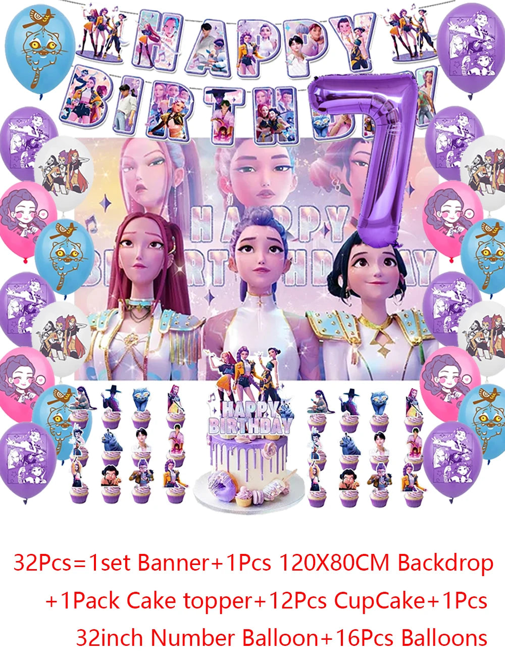 Demon Hunters Party Cutlery Set Banner Backdrop Balloons Cake Topper Outdoor Picnic Supply Birthday for Korean Kpop Anime Party