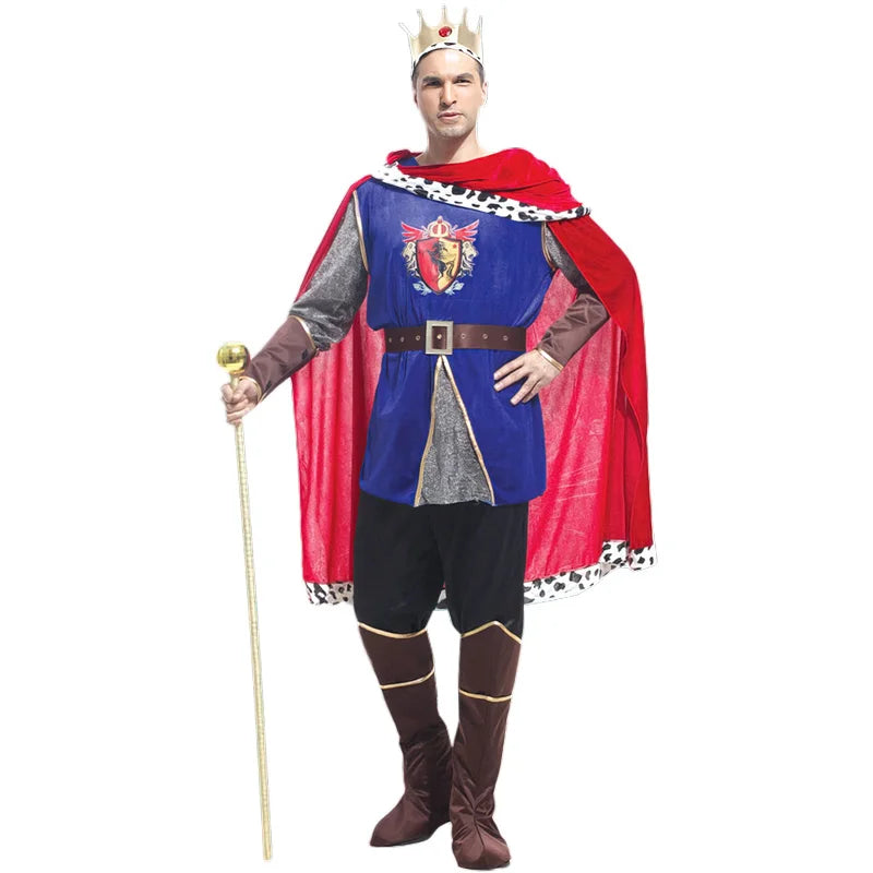 EtherealBe king costume for adults and kids featuring a blue tunic, red cape, and crown for royal dress-up