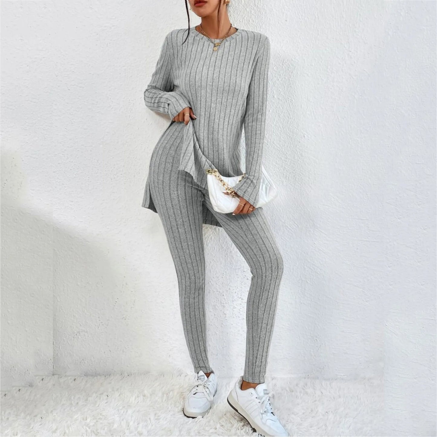 Autumn Winter 2 Pieces Set Women Knitted Long Sleeve O Neck Tops Slim Fit  Pants Sets Casual Elegant Warm Sport Trousers Outfit