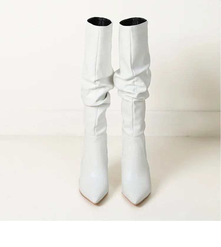2025 Winter Knee Boots With Heels Woman 10CM Stiletto Fashion Slip on Pointy Autumn Shoes Women Soft Leather Pleated Long Boots