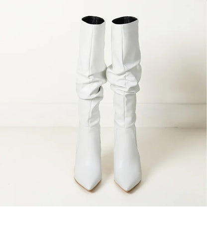 2025 Winter Knee Boots With Heels Woman 10CM Stiletto Fashion Slip on Pointy Autumn Shoes Women Soft Leather Pleated Long Boots