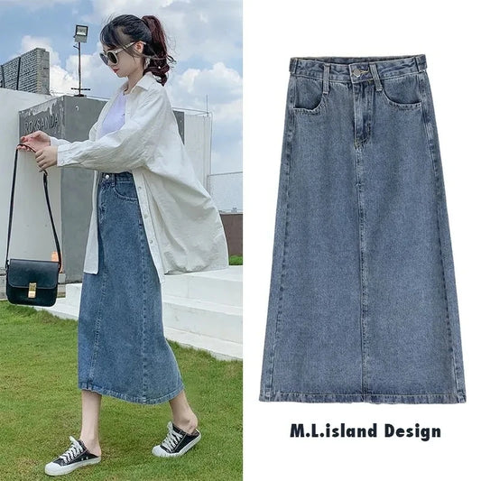 Summer Long Denim Skirt Women Oversize 5XL Korean Fashion Split Faldas Jean Mid-Length High Waist Skirts Blue Loose Cowboy Jupe