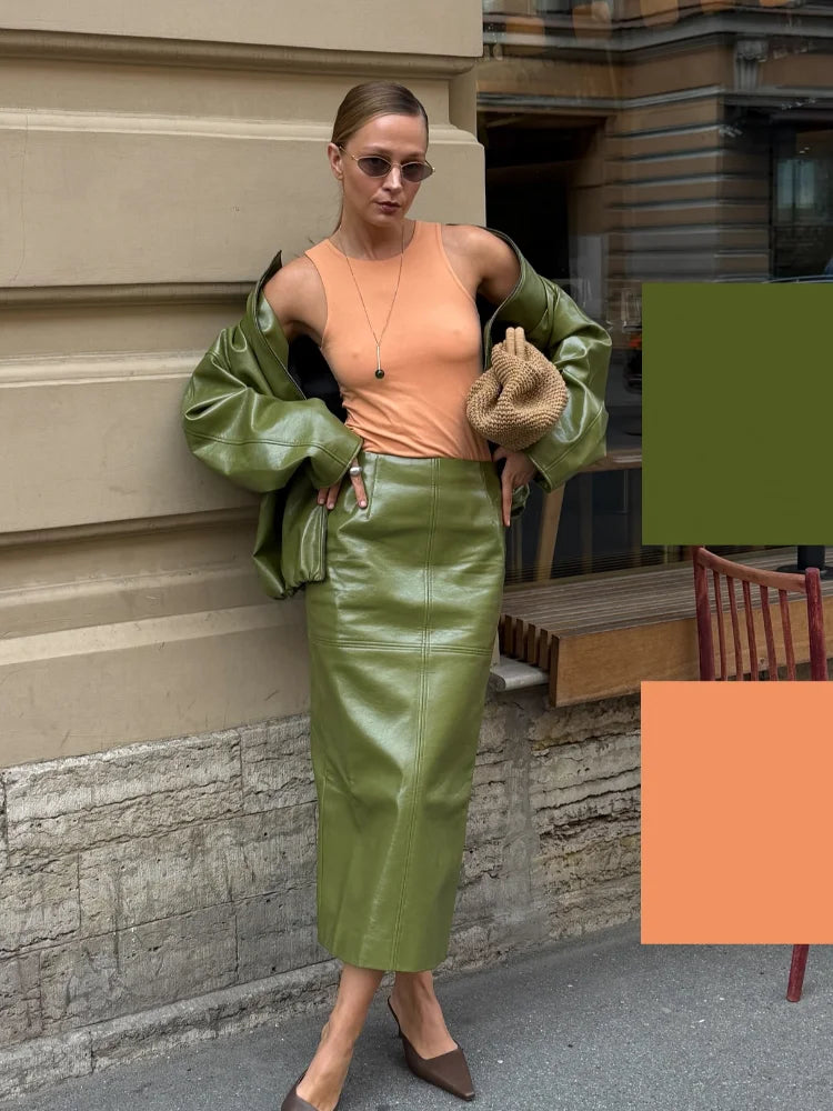 Leather Fashion Jacket Skirt Sets Women Zipper Loose Street Stand Collar Coats Straight Midi Skirts Suits 2025 Autumn Party Chic