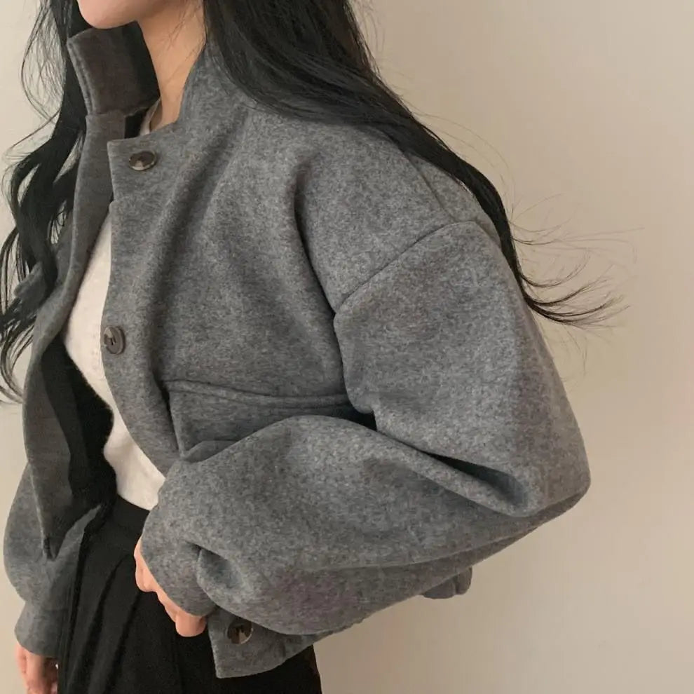 Autumn and Winter Loose Wool Coat for Women's Pocket Stand Collar Top Long Sleeve Button Hong Kong Style Wool Coat
